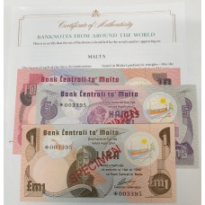 MALTA 1967 . ONE 1 - TEN 10 LIRA BANKNOTES . SPECIMEN